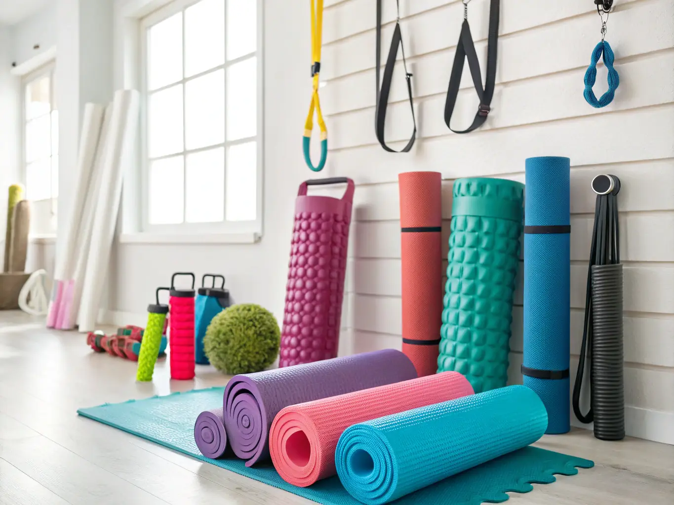 A well-organized display of fitness accessories, including yoga mats, resistance bands, and foam rollers, emphasizing the variety of supplementary products available at GymTechSolutions.