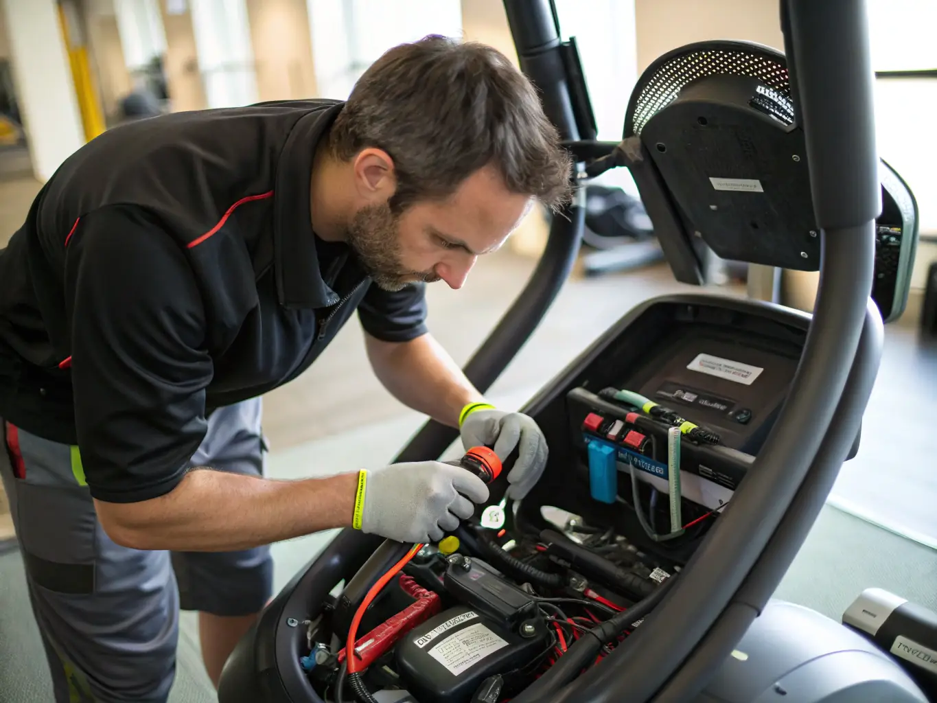 A technician expertly repairing the motor of a treadmill in a clean, organized workshop, showcasing GymTechSolutions' commitment to quality repair services.