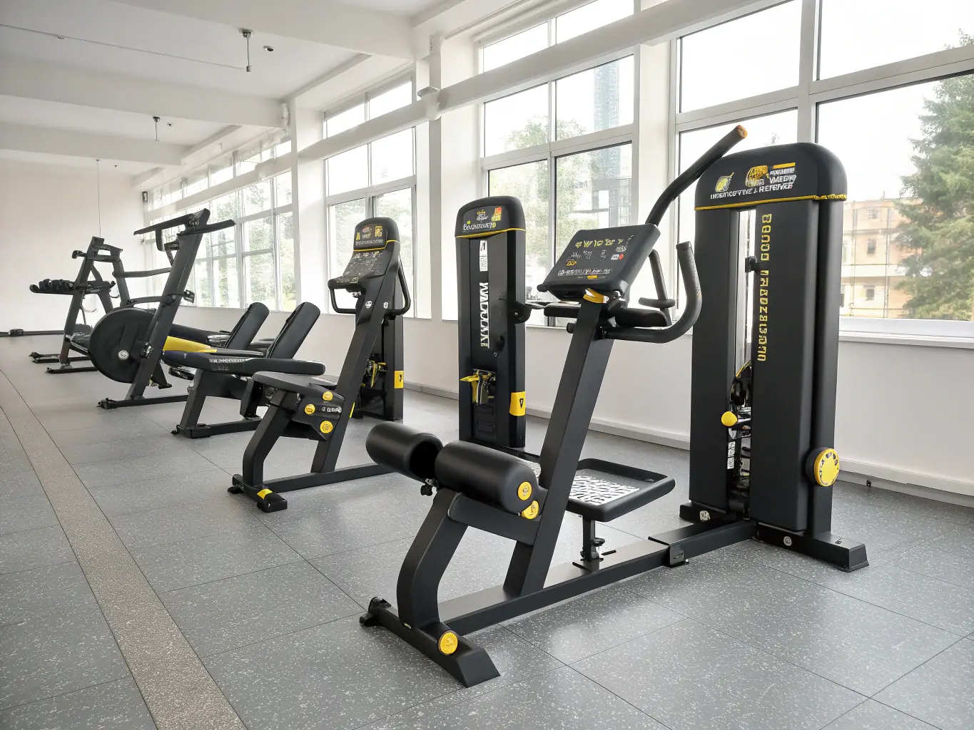 A selection of weightlifting equipment, including dumbbells, barbells, and weight machines, arranged neatly in a modern gym setting, highlighting the strength training options at GymTechSolutions.