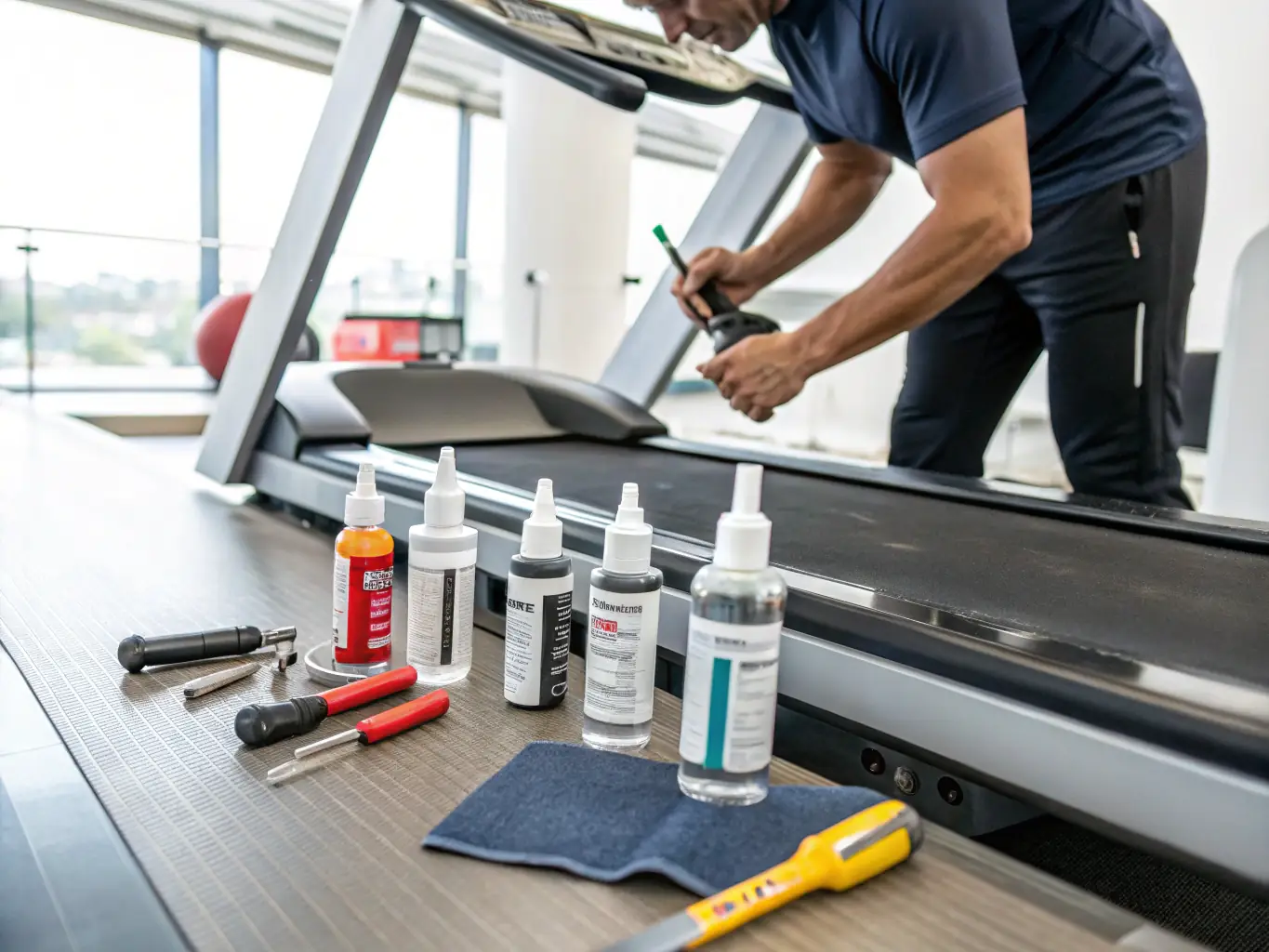 A technician meticulously performing routine maintenance on a row of gym machines, highlighting GymTechSolutions' proactive approach to equipment care.
